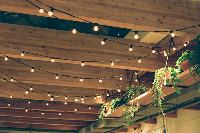 Lights strung among rafters